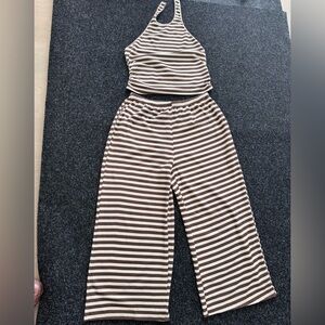 Striped Brown & Cream Ribbed Tank and Wide-Leg Pants Set